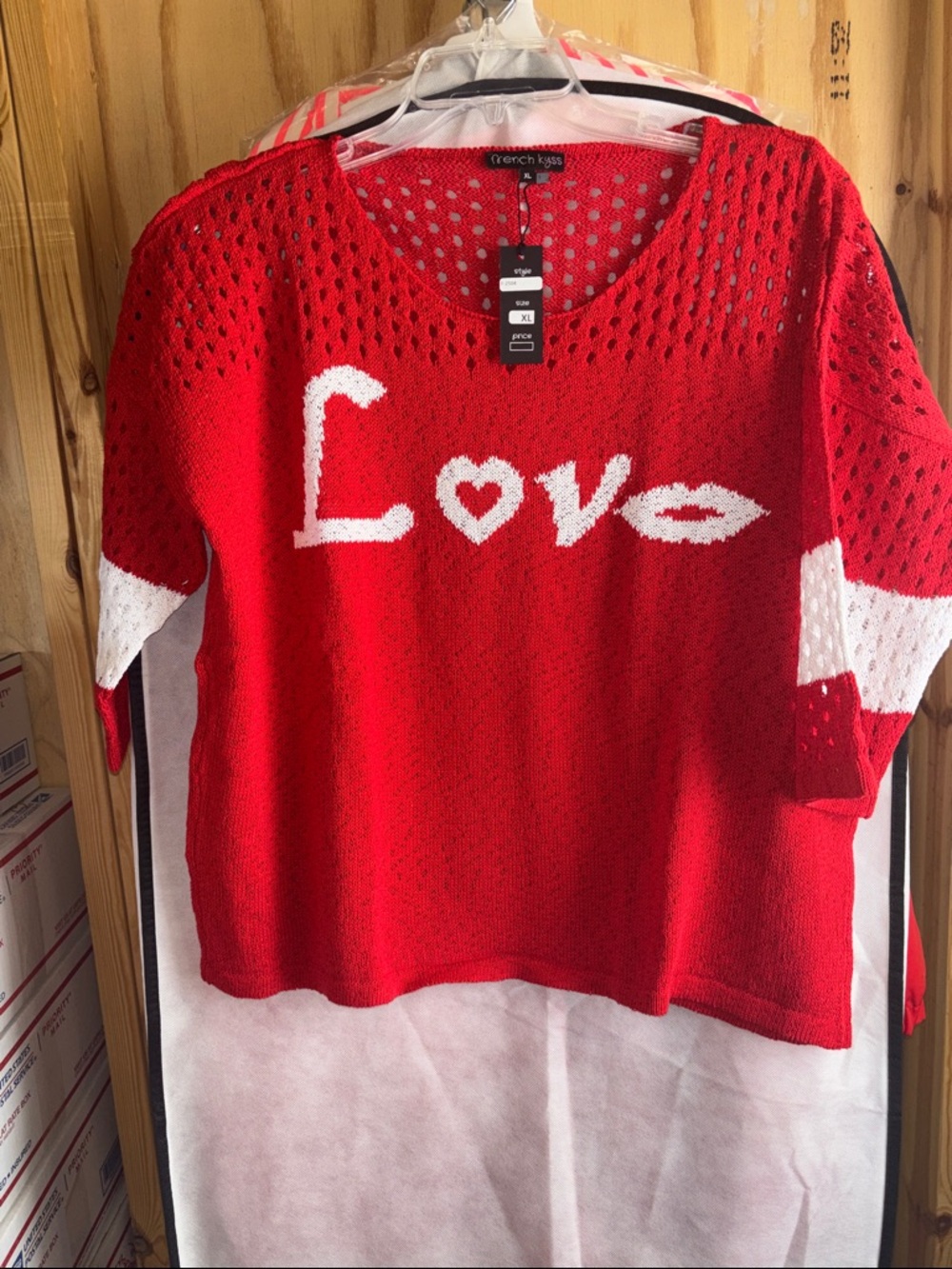 french kyss Red Knit 'Love' Pullover with White Accent